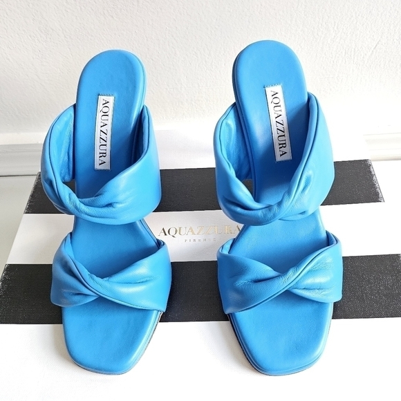 New Aquazzura Twist Leather 95mm Slip On Turquoise Mule Sandals 7.5 US - Picture 8 of 16